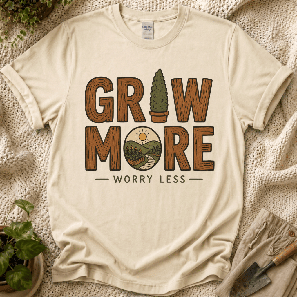 Grow More, Worry Less Garden T-Shirt by Zen & Zucchinis Slow Garden Club