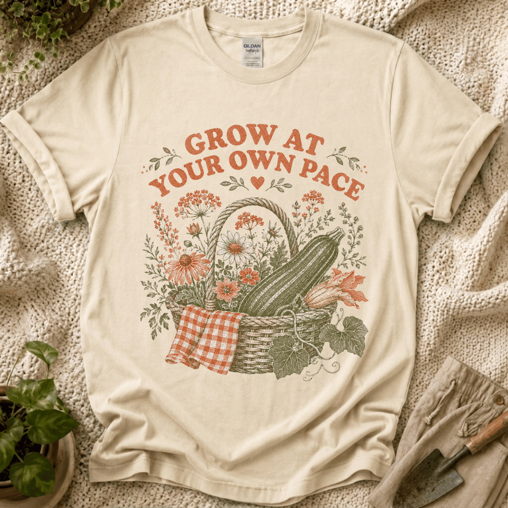 Grow at Your Own Pace Zucchini Basket T-Shirt by Zen & Zucchinis Slow Garden Club