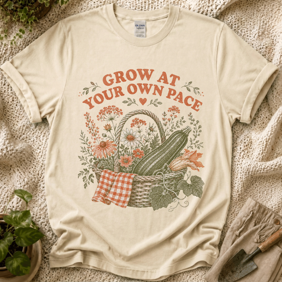 Grow at Your Own Pace Zucchini Basket T-Shirt by Zen & Zucchinis Slow Garden Club