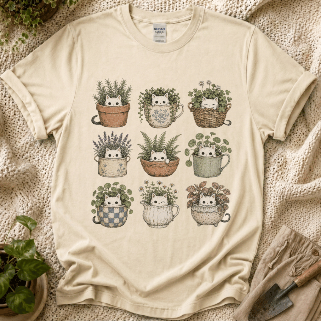 Kitties in Flower Pots T-Shirt by Zen & Zucchinis Slow Garden Club
