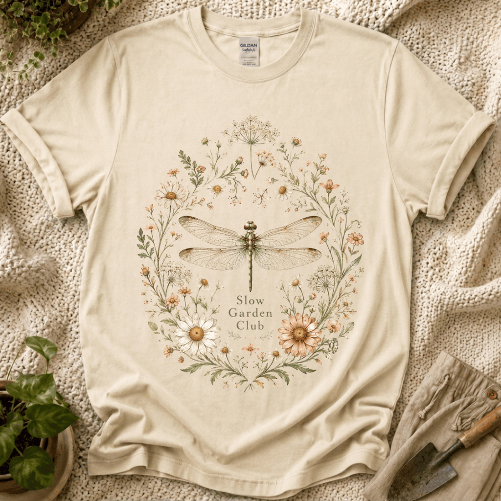 Slow Garden Club Botanical Dragonfly T-Shirt by Zen & Zucchinis Slow Garden Club