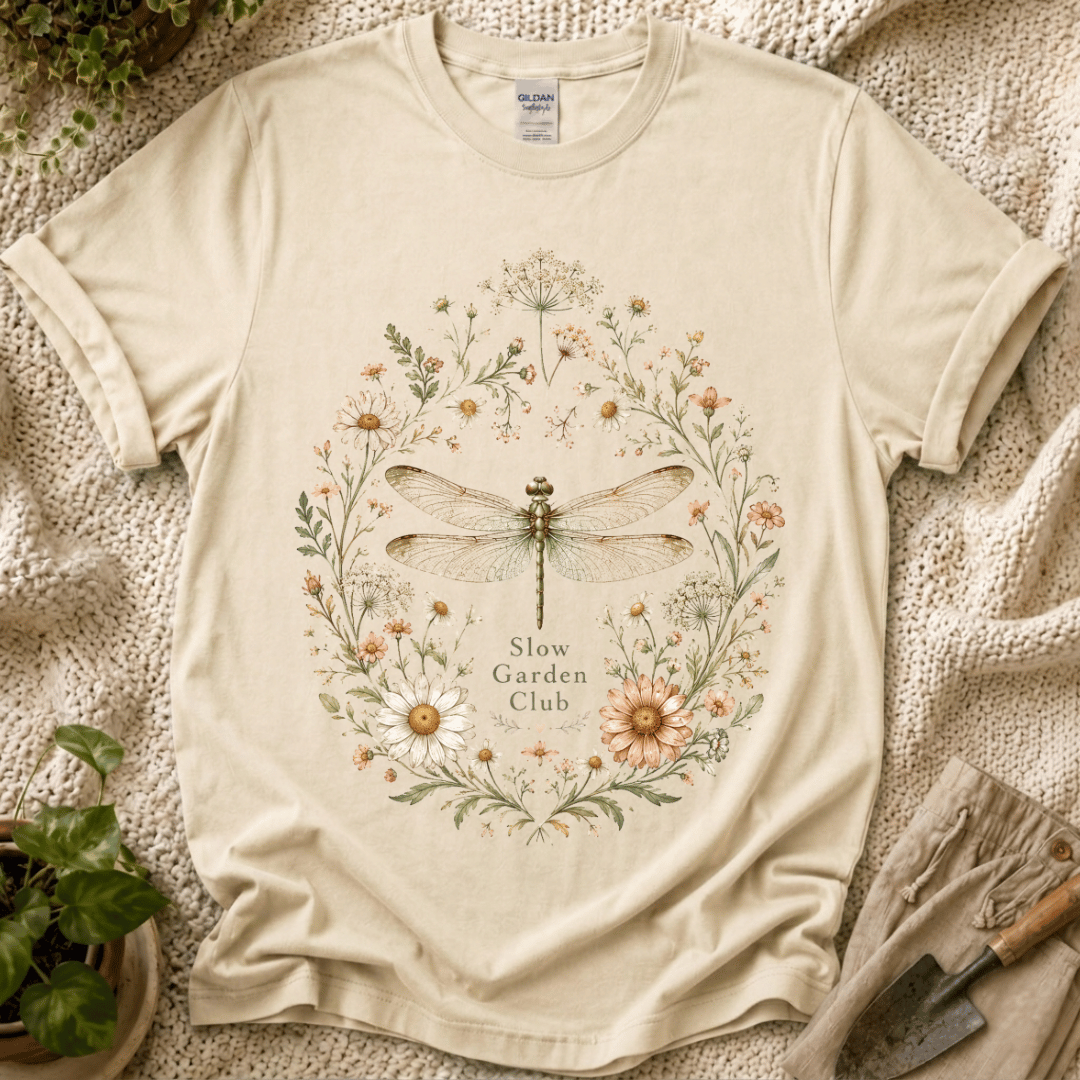 Slow Garden Club Botanical Dragonfly T-Shirt by Zen & Zucchinis Slow Garden Club