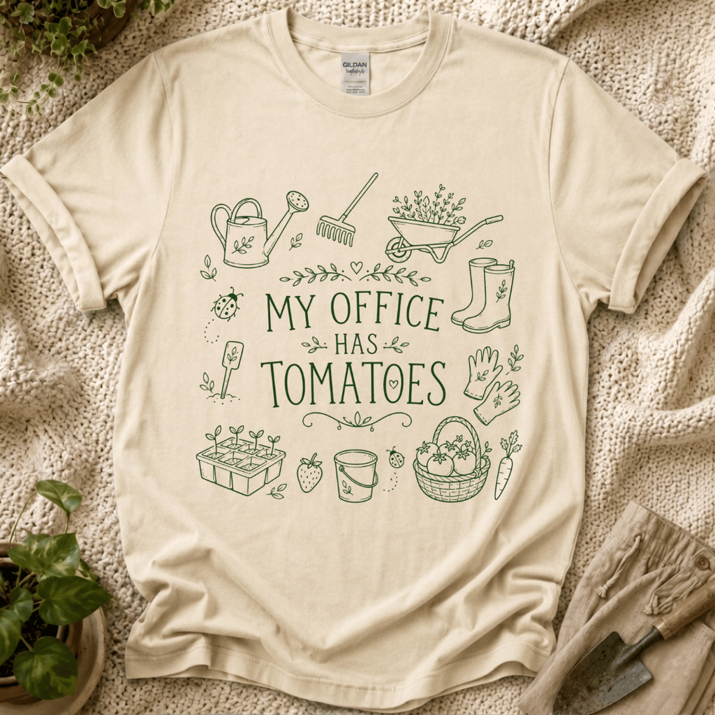 My Office Has Tomatoes Garden Humor T-Shirt by Zen & Zucchinis Slow Garden Club