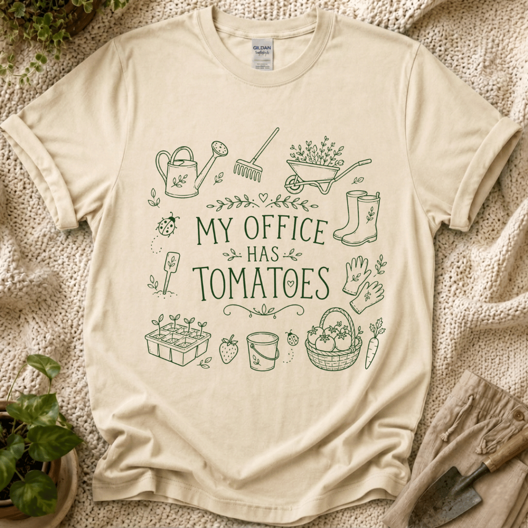 My Office Has Tomatoes Garden Humor T-Shirt by Zen & Zucchinis Slow Garden Club