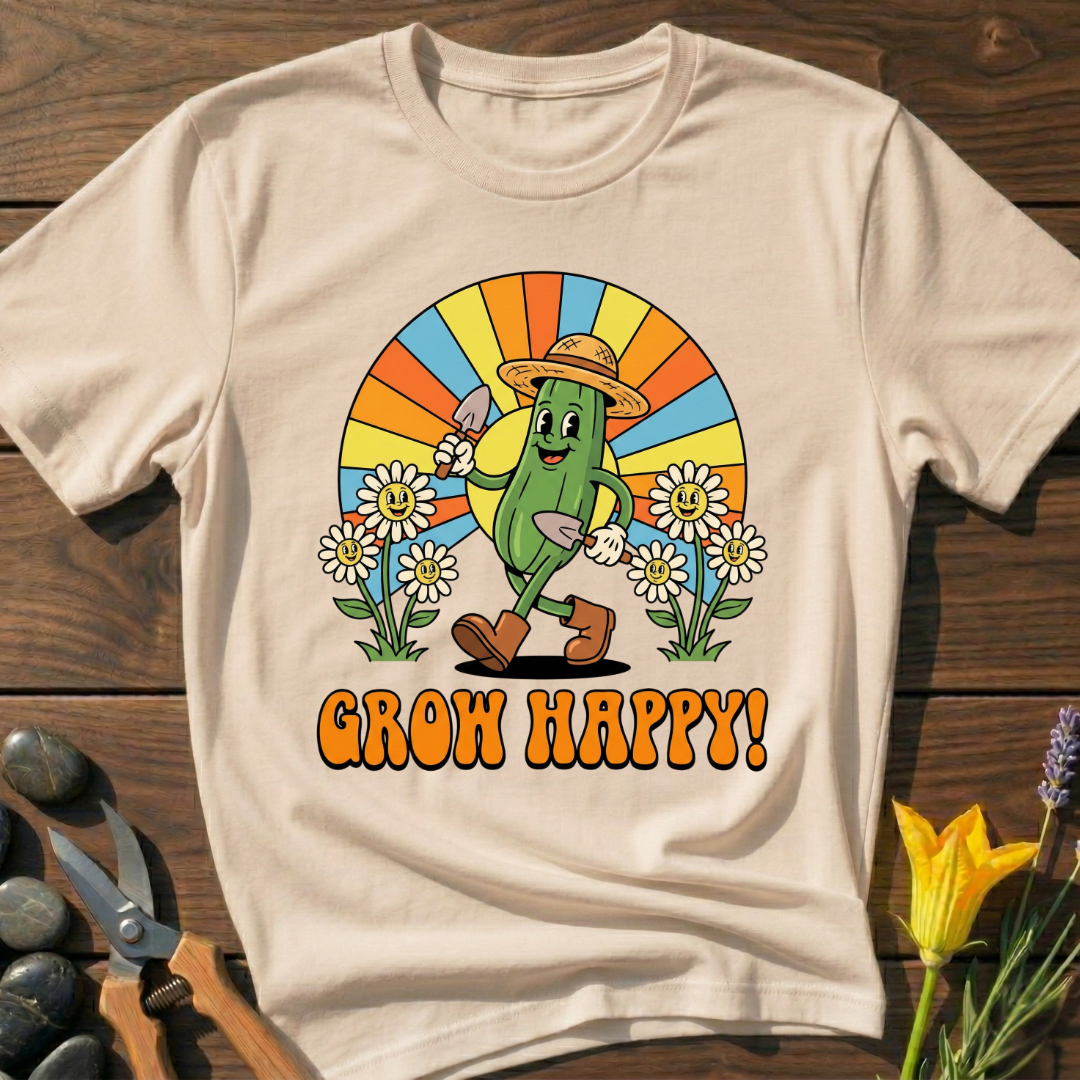 Grow Happy T-Shirt - botanical nature graphic t-shirt, minimalist design, unisex tee for Nature Lovers, Garnder, Farmer, Plant Lovers