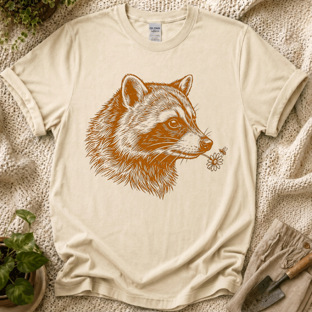 Raccoon, Flower & Bee Garden T-Shirt by Zen & Zucchinis Slow Garden Club