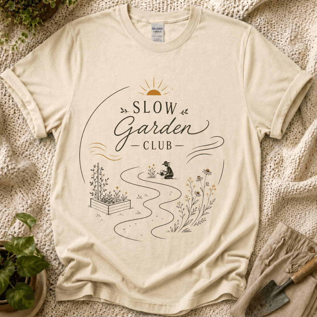 Caring Slow Garden Club T-Shirt - Zen & Zucchinis garden graphic tee