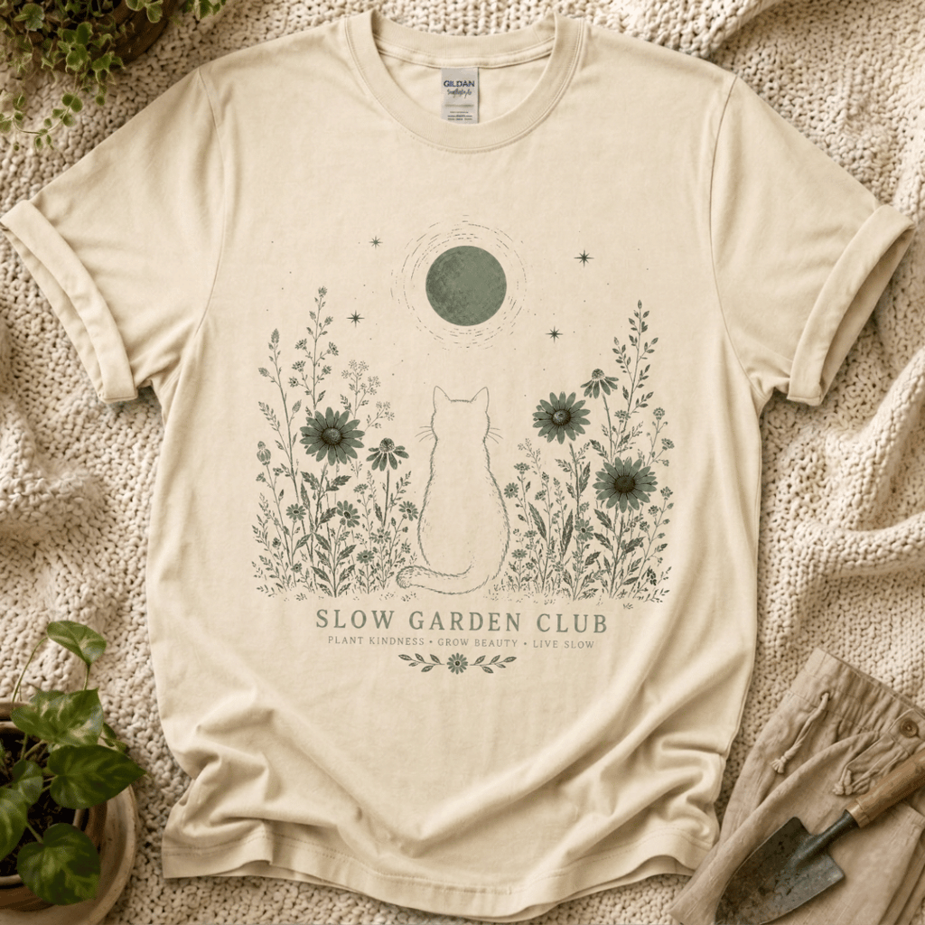 Cozy Botanical Garden Cat T-Shirt by Zen & Zucchinis Slow Garden Club