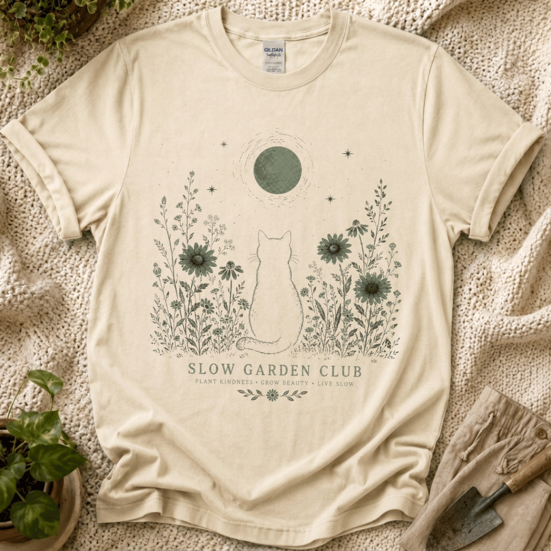 Cozy Botanical Garden Cat T-Shirt by Zen & Zucchinis Slow Garden Club