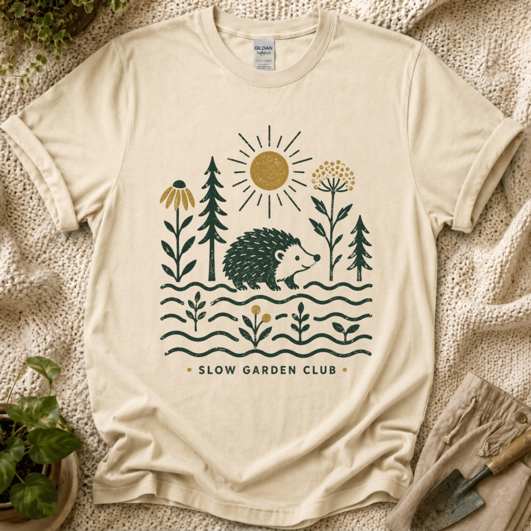 Hedgehog in the Slow Garden T-Shirt by Zen & Zucchinis Slow Garden Club