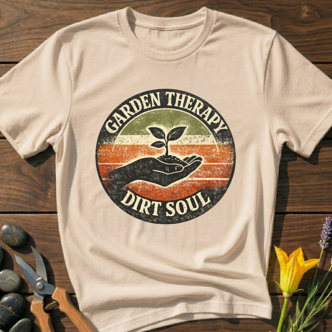 Garden Therapy Dirt Soul T-Shirt - botanical nature graphic t-shirt, minimalist design, unisex tee for Nature Lovers, Garnder, Farmer, Plant Lovers
