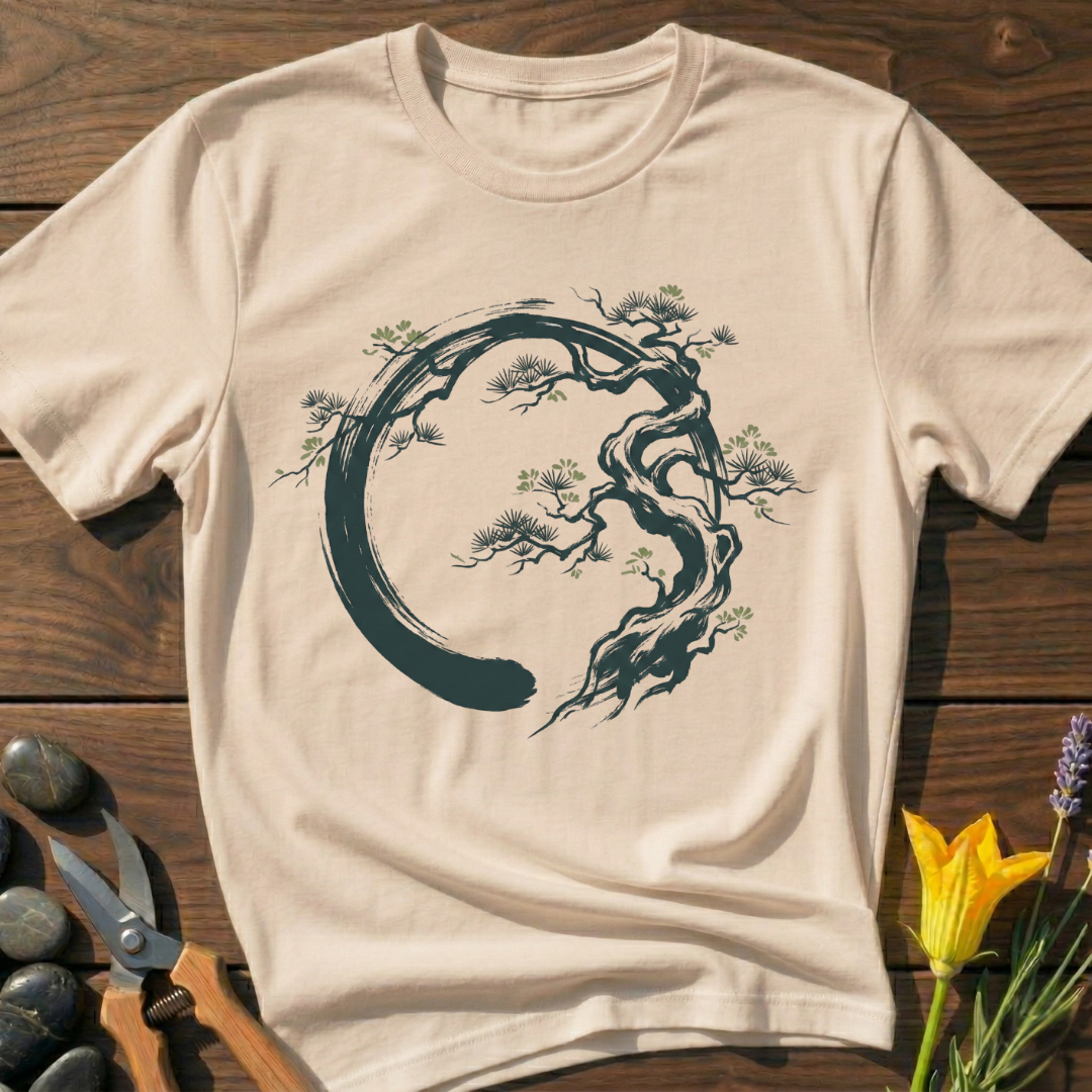 Beige t-shirt with tree design on a wooden surface with scissors and flowers.