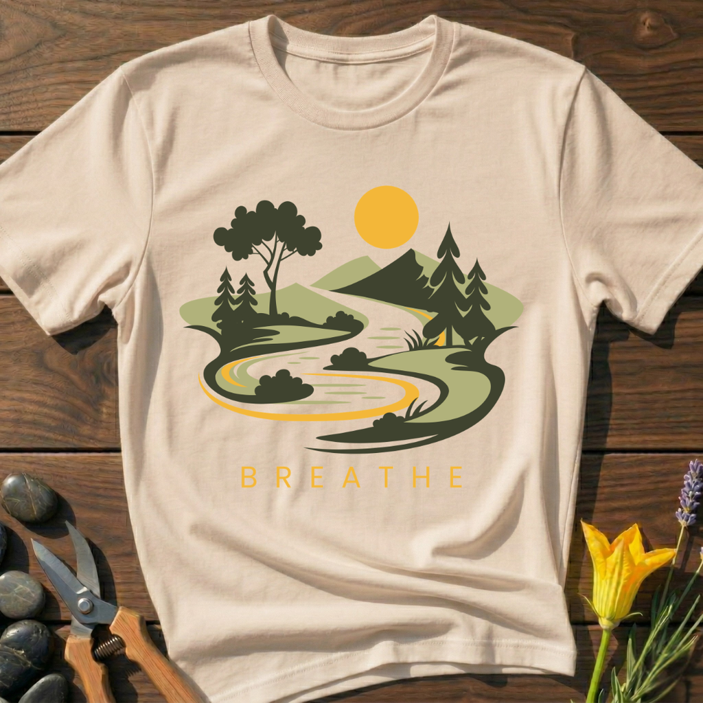 Beige t-shirt with nature graphic and 'BREATHE' text on a wooden surface with flowers and scissors.