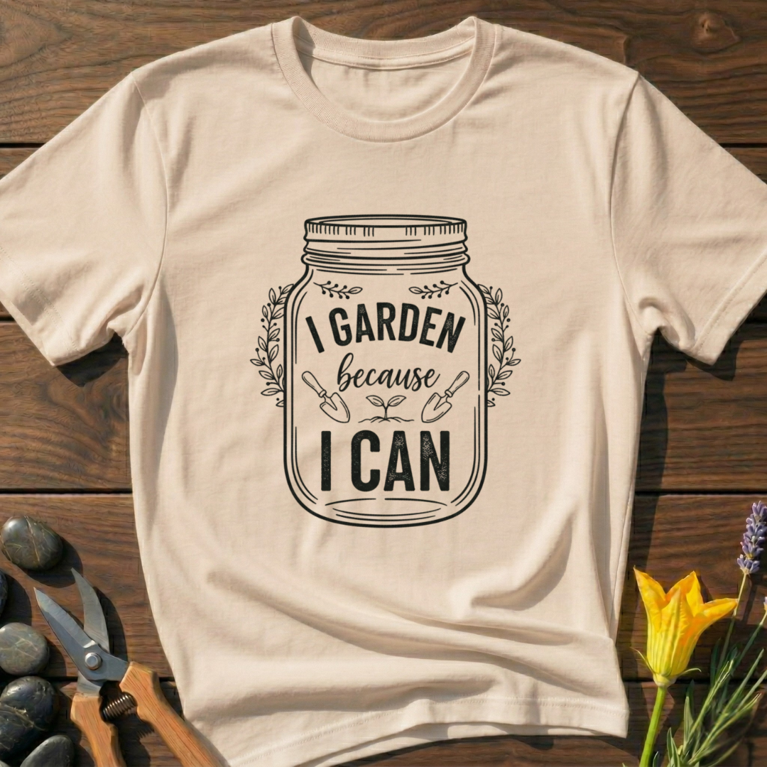 Beige t-shirt with a graphic of a mason jar and text 'I Garden because I Can' on a wooden surface with gardening tools and flowers.
