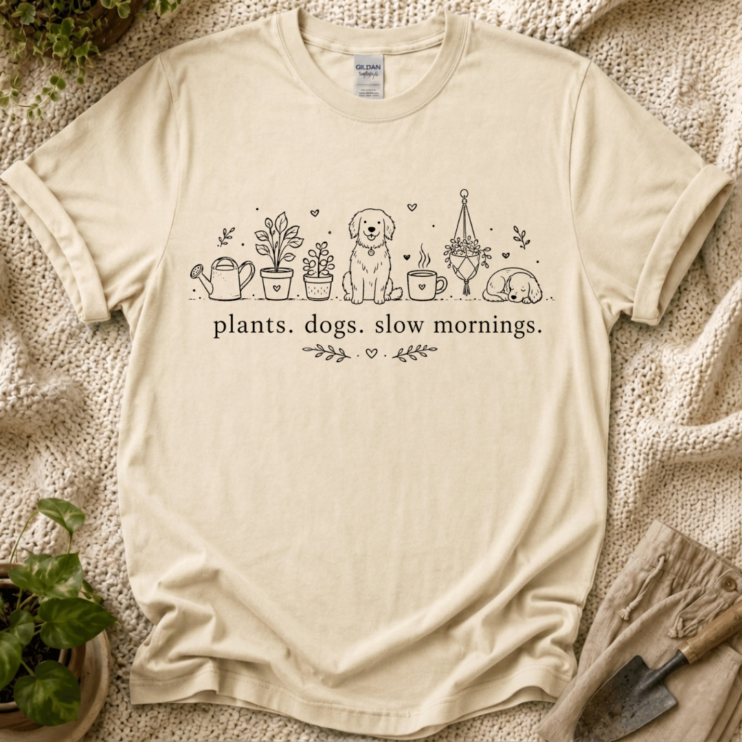 Plant. Dogs. Slow Mornings Lover T-Shirt by Zen & Zucchinis Slow Garden Club