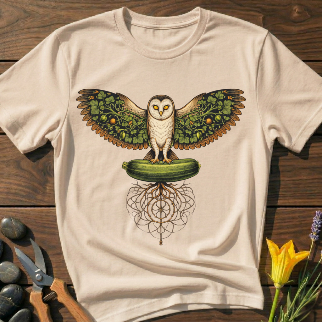 Garden Owl T-Shirt - botanical nature graphic t-shirt, minimalist design, unisex tee for Nature Lovers, Garnder, Farmer, Plant Lovers