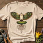 Garden Owl T-Shirt - botanical nature graphic t-shirt, minimalist design, unisex tee for Nature Lovers, Garnder, Farmer, Plant Lovers