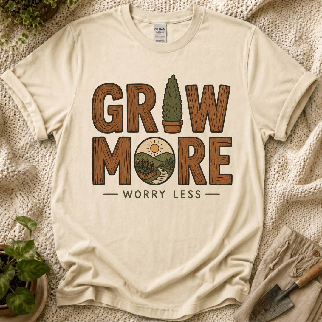 Grow More, Worry Less Garden T-Shirt by Zen & Zucchinis Slow Garden Club
