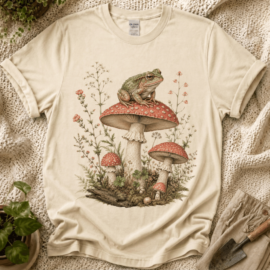 Frog on Mushrooms Cottage Garden T-Shirt
