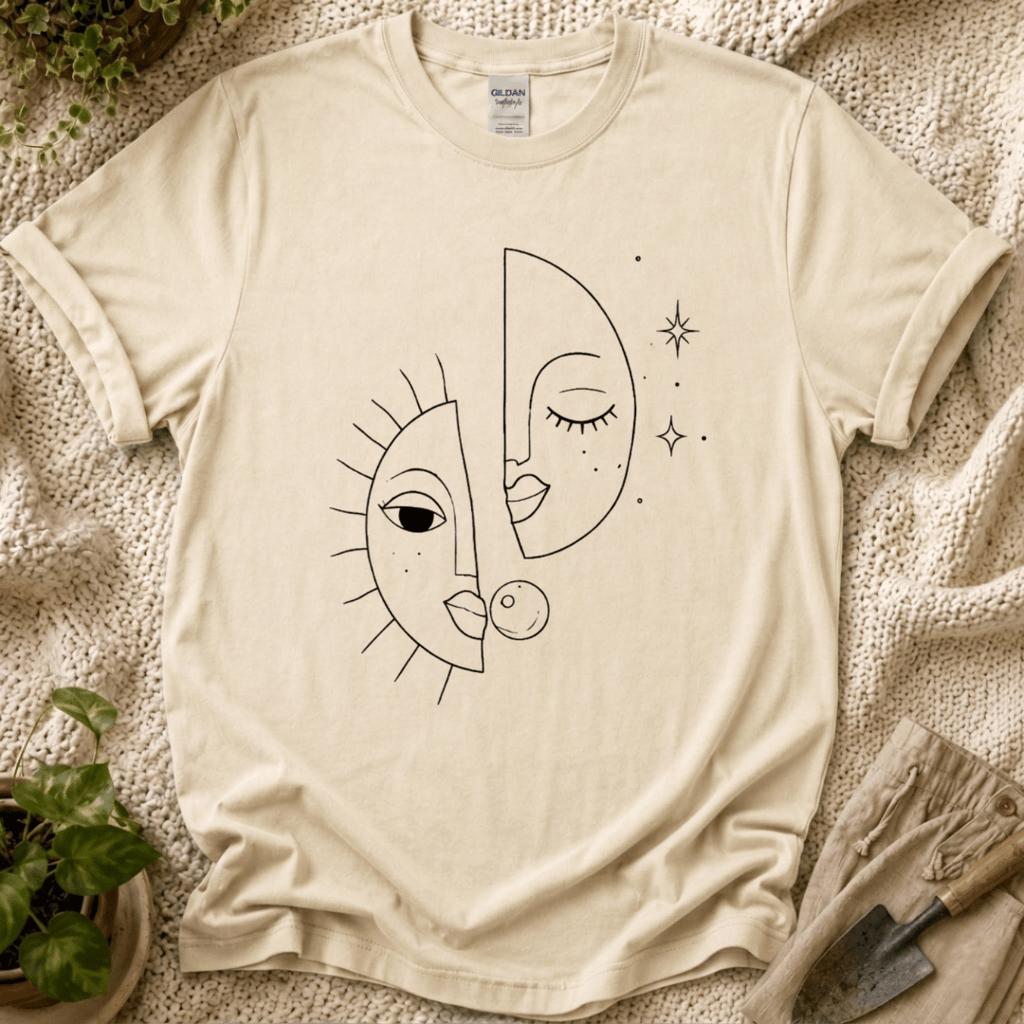 Sun and Moon Celestial Line Art T-Shirt by Zen & Zucchinis Slow Garden Club