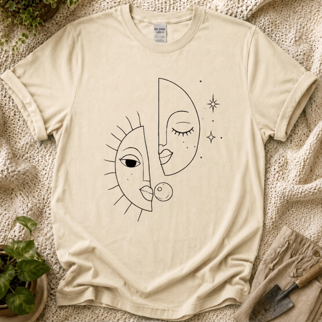 Sun and Moon Celestial Line Art T-Shirt by Zen & Zucchinis Slow Garden Club