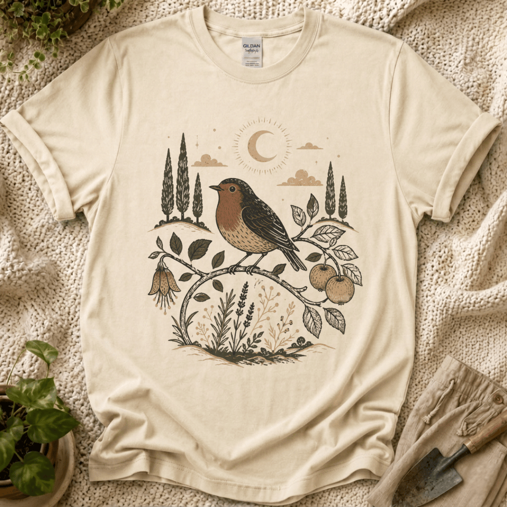 Moonlit Robin Botanical Bird T-Shirt by Zen & Zucchinis Slow Garden Club