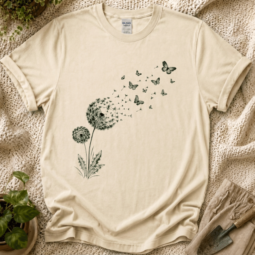Dandelion Butterfly in the Wind T-Shirt by Zen & Zucchinis Slow Garden Club