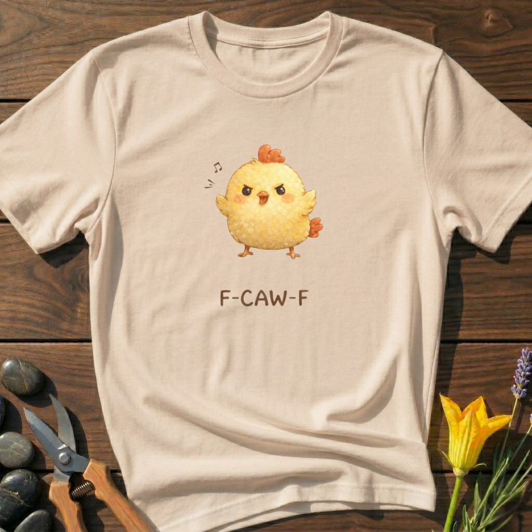 Beige t-shirt with a cartoon chicken and 'F-CAW-F' text on a wooden surface with flowers and scissors.