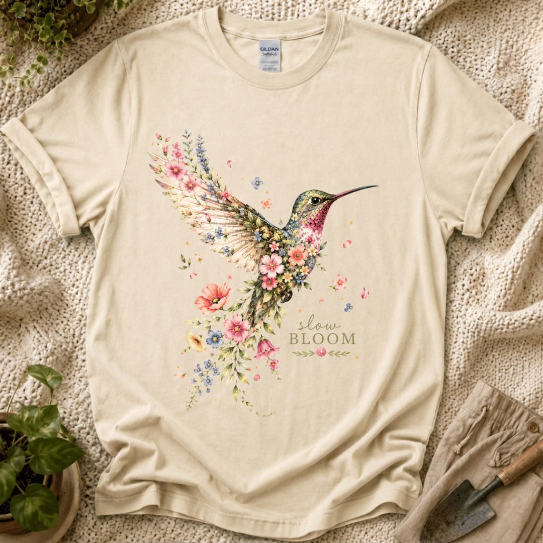 Hummingbird Moment Slow Bloom Garden T-Shirt by Zen & Zucchinis Slow Garden Club