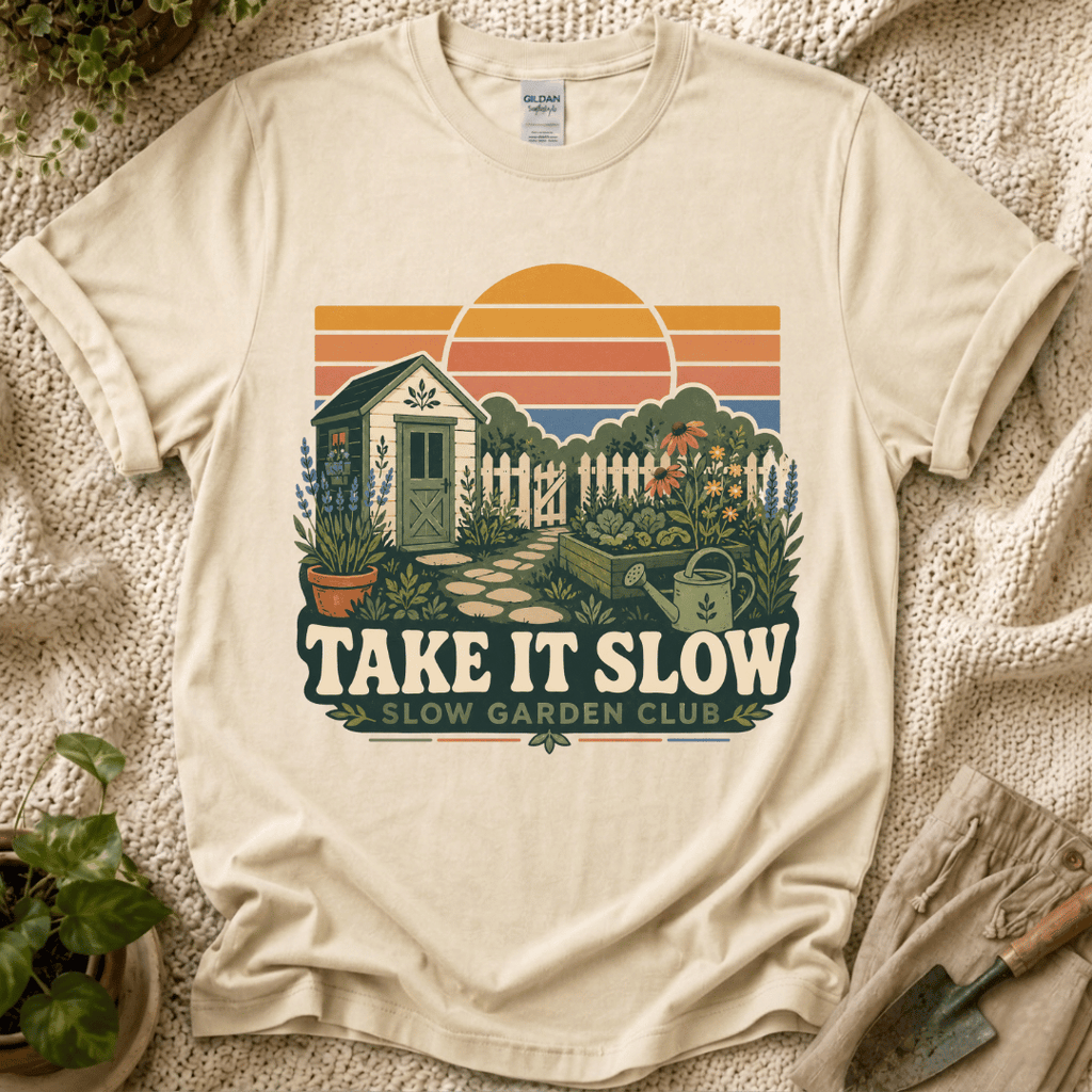 Take It Slow Garden Sunset T-Shirt - Zen & Zucchinis garden graphic tee