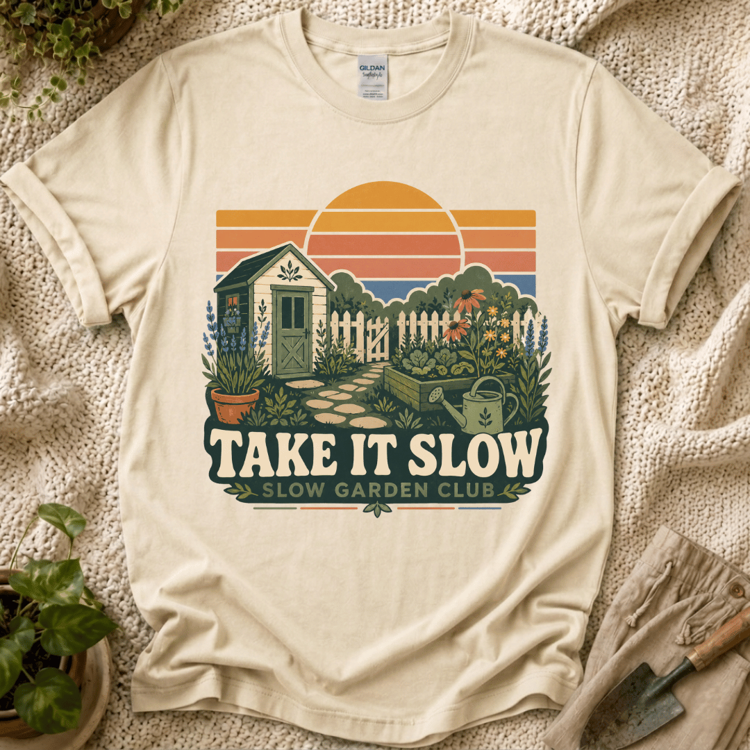 Take It Slow Garden Sunset T-Shirt - Zen & Zucchinis garden graphic tee