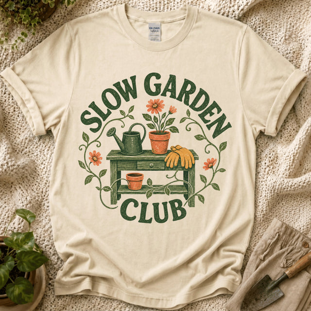 Slow Garden Club Garden Bench T-Shirt - Zen & Zucchinis garden graphic tee