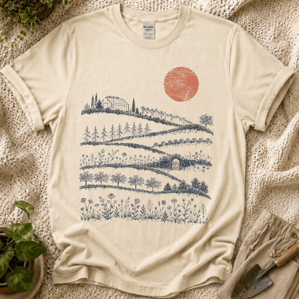 Red Sunset Over Garden T-Shirt by Zen & Zucchinis Slow Garden Club