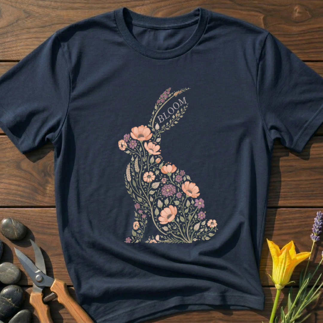 Bloom Rabbit T-Shirt - botanical nature graphic t-shirt, minimalist design, unisex tee for Nature Lovers, Garnder, Farmer, Plant Lovers