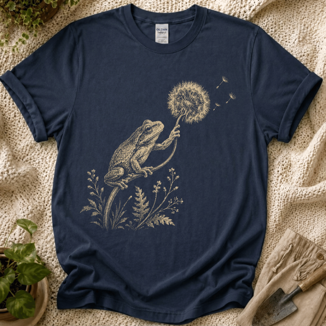 Frog with Dandelion Wish T-Shirt by Zen & Zucchinis Slow Garden Club
