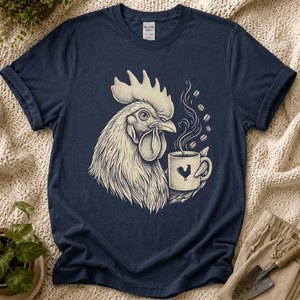 Morning Rooster Coffee Cup T-Shirt by Zen & Zucchinis Slow Garden Club