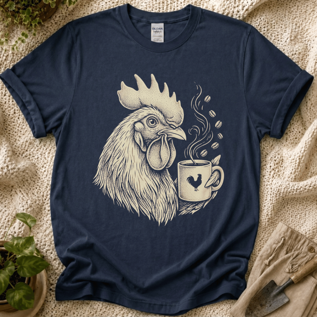 Morning Rooster Coffee Cup T-Shirt by Zen & Zucchinis Slow Garden Club