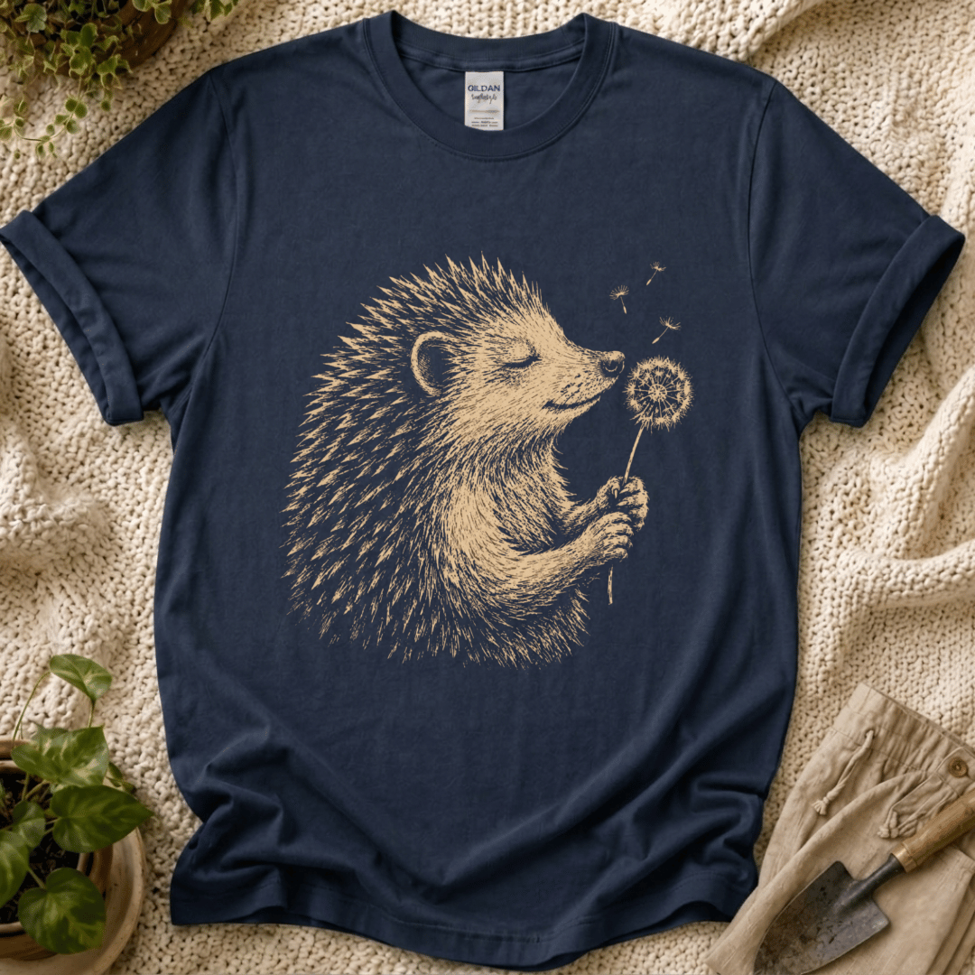 Hedgehog Enjoys Dandelion Spring Garden T-Shirt by Zen & Zucchinis Slow Garden Club