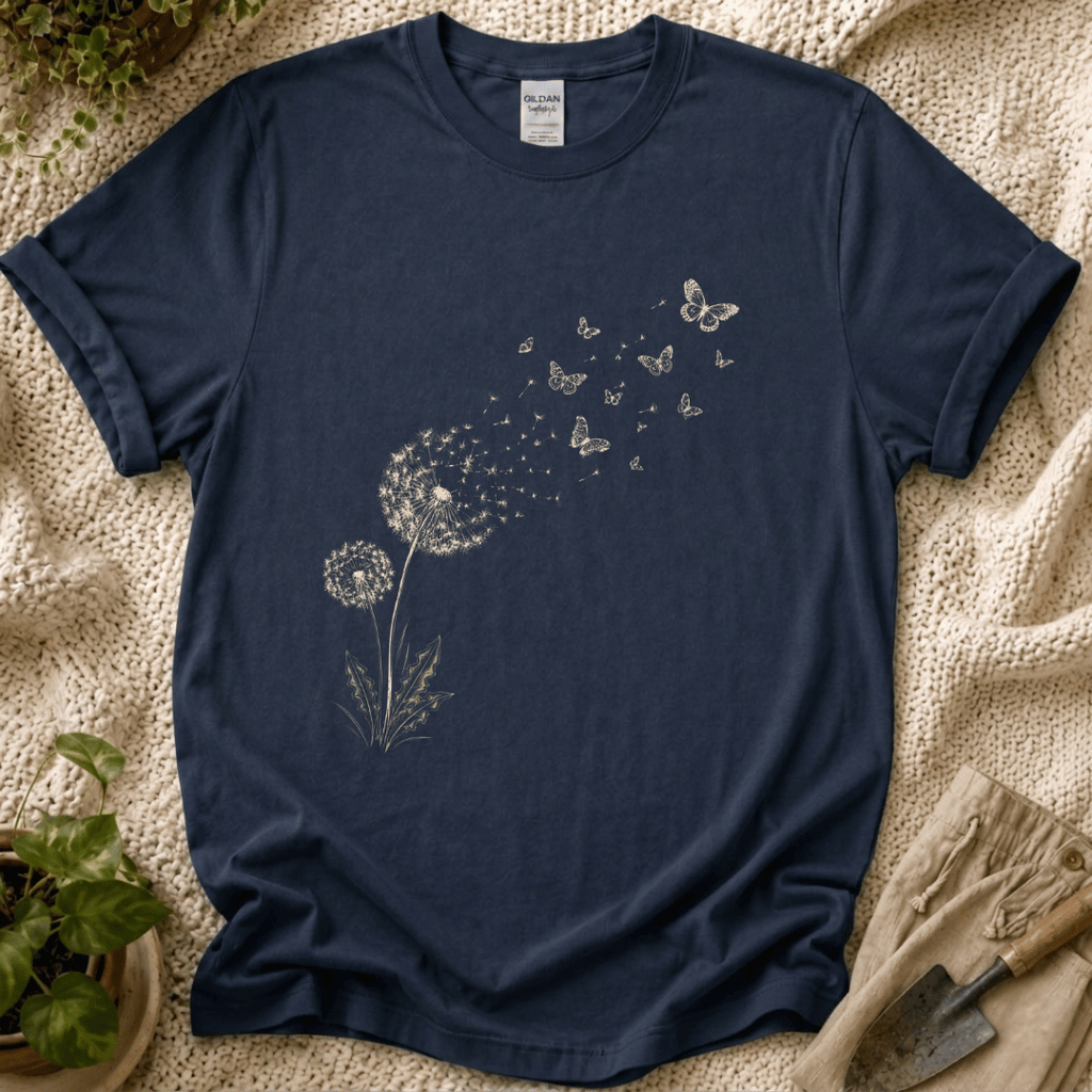 Dandelion Butterfly in the Wind T-Shirt by Zen & Zucchinis Slow Garden Club