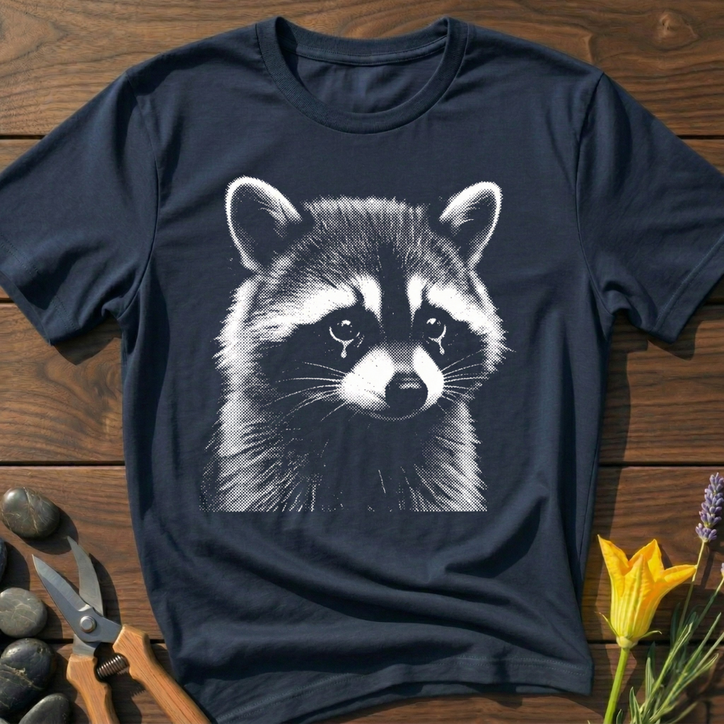 Sad Racoon T-Shirt - botanical nature graphic t-shirt, minimalist design, unisex tee for Nature Lovers, Garnder, Farmer, Plant Lovers