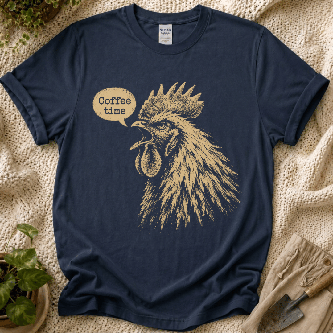 Coffee Time Cottage Garden Rooster T-Shirt by Zen & Zucchinis Slow Garden Club