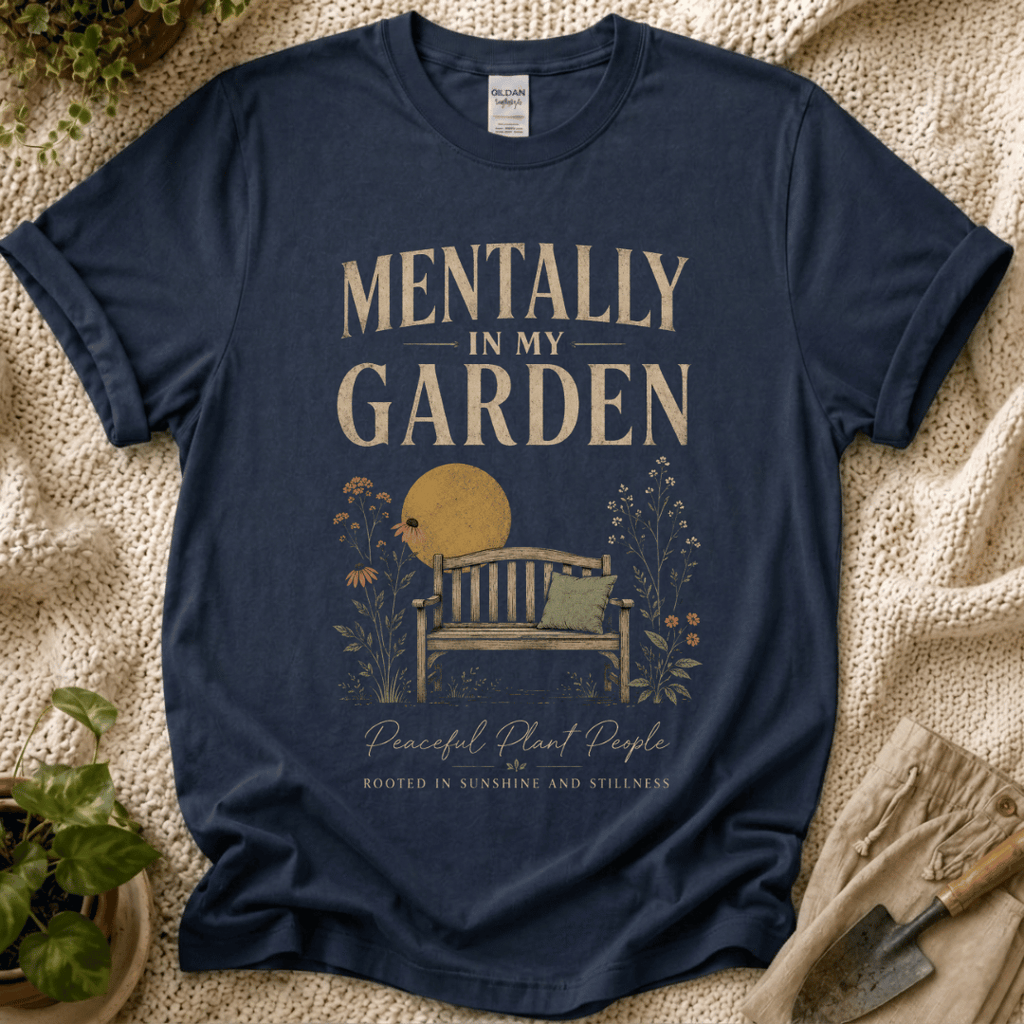 Mentally in My Garden Sunset Garden Bench T-Shirt by Zen & Zucchinis Slow Garden Club