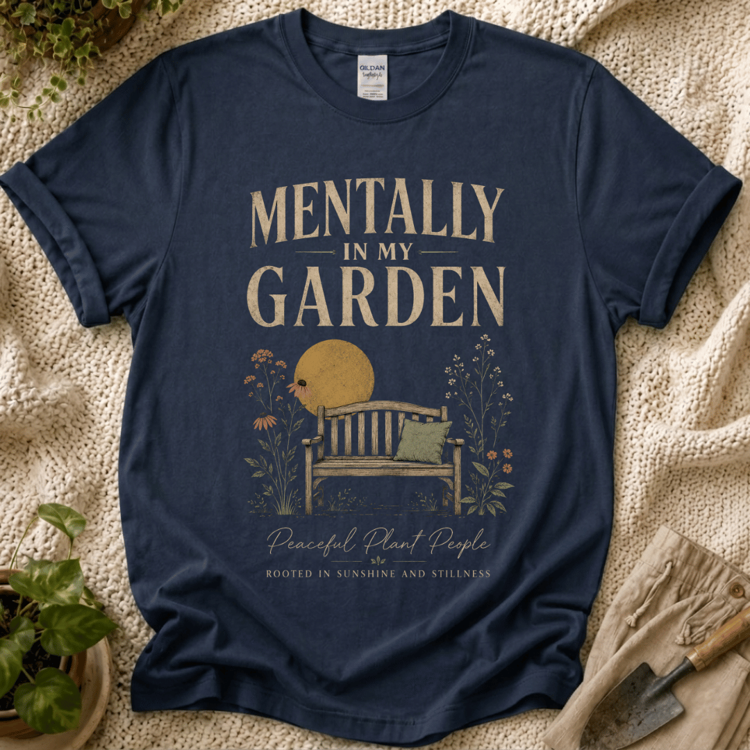 Mentally in My Garden Sunset Garden Bench T-Shirt by Zen & Zucchinis Slow Garden Club
