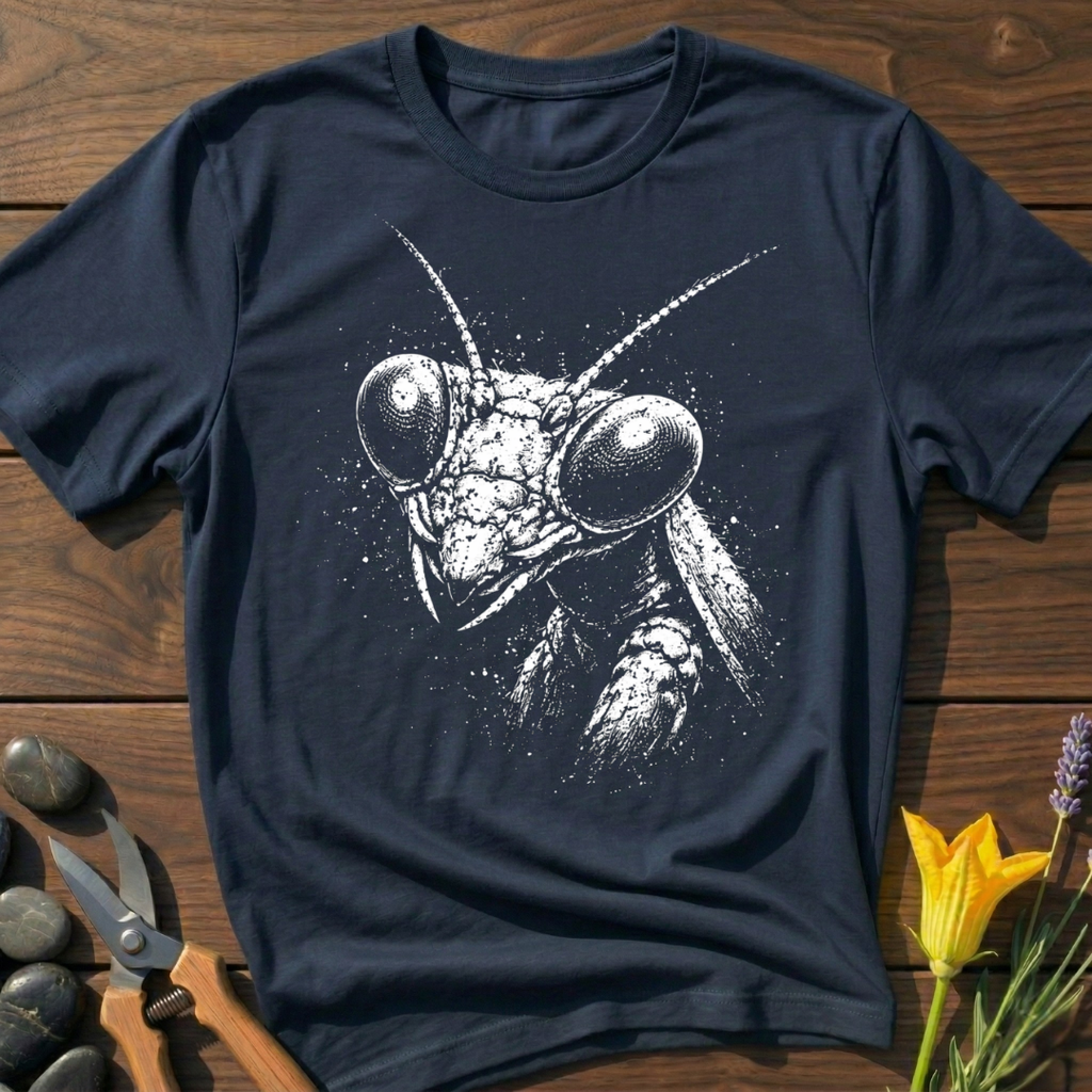 Mantis T-Shirt - botanical nature graphic t-shirt, minimalist design, unisex tee for Nature Lovers, Garnder, Farmer, Plant Lovers