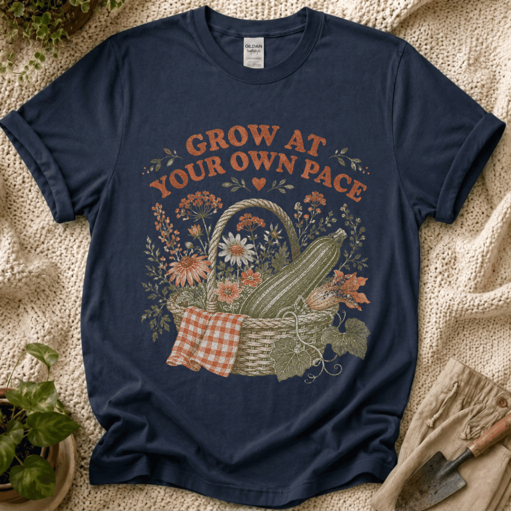 Grow at Your Own Pace Zucchini Basket T-Shirt by Zen & Zucchinis Slow Garden Club
