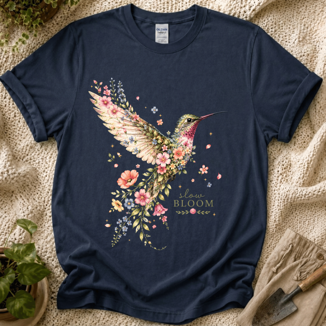 Hummingbird Moment Slow Bloom Garden T-Shirt by Zen & Zucchinis Slow Garden Club