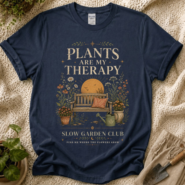 Plants Are My Therapy Sunset T-Shirt by Zen & Zucchinis Slow Garden Club