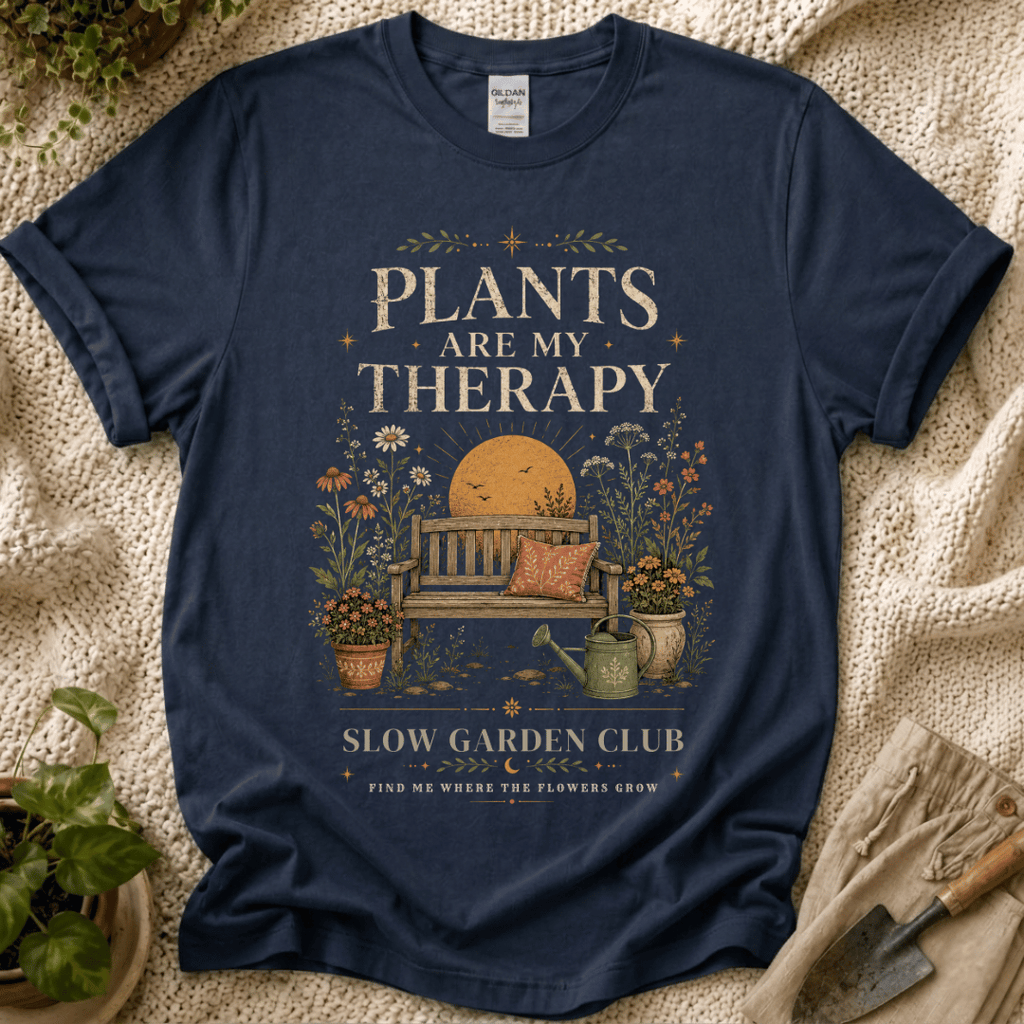 Plants Are My Therapy Sunset T-Shirt by Zen & Zucchinis Slow Garden Club