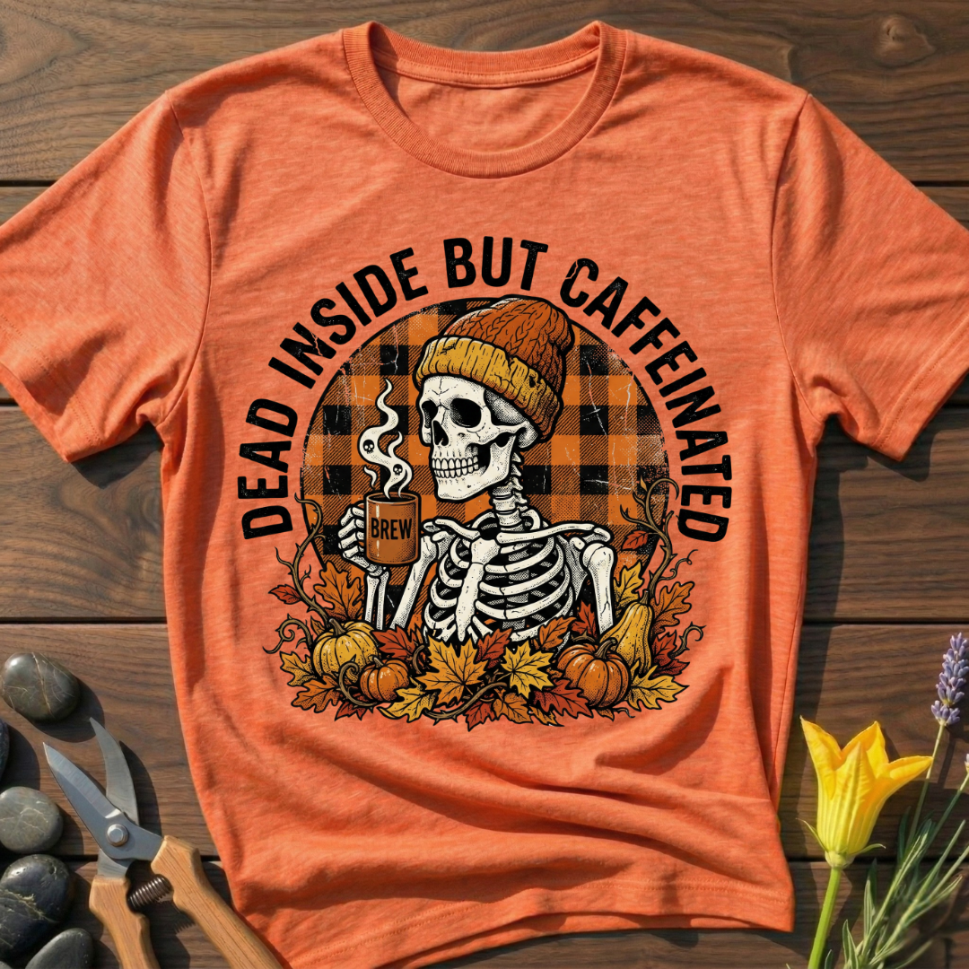 Orange t-shirt with skeleton graphic and text 'Dead Inside But Caffeinated' on a wooden surface.