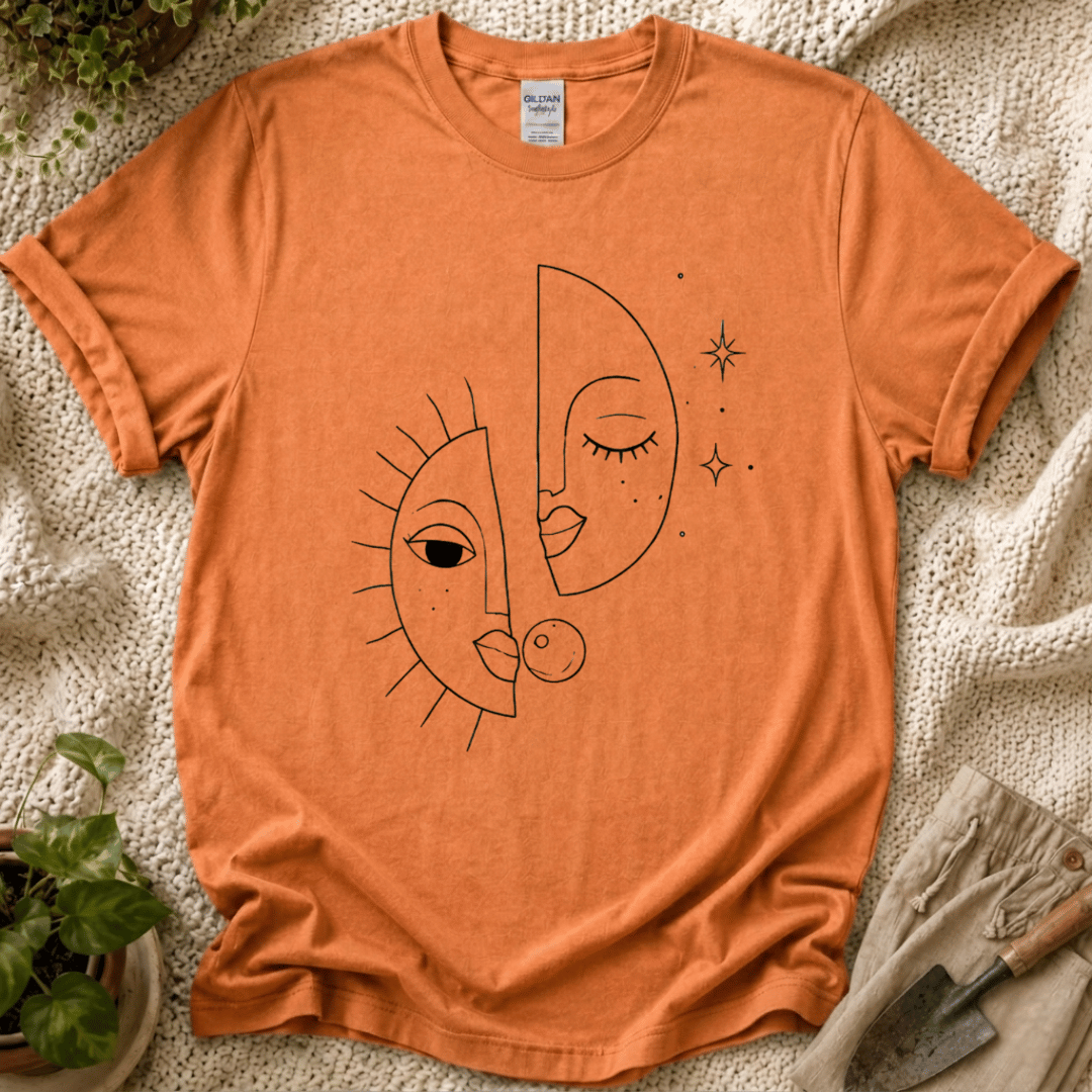 Sun and Moon Celestial Line Art T-Shirt by Zen & Zucchinis Slow Garden Club